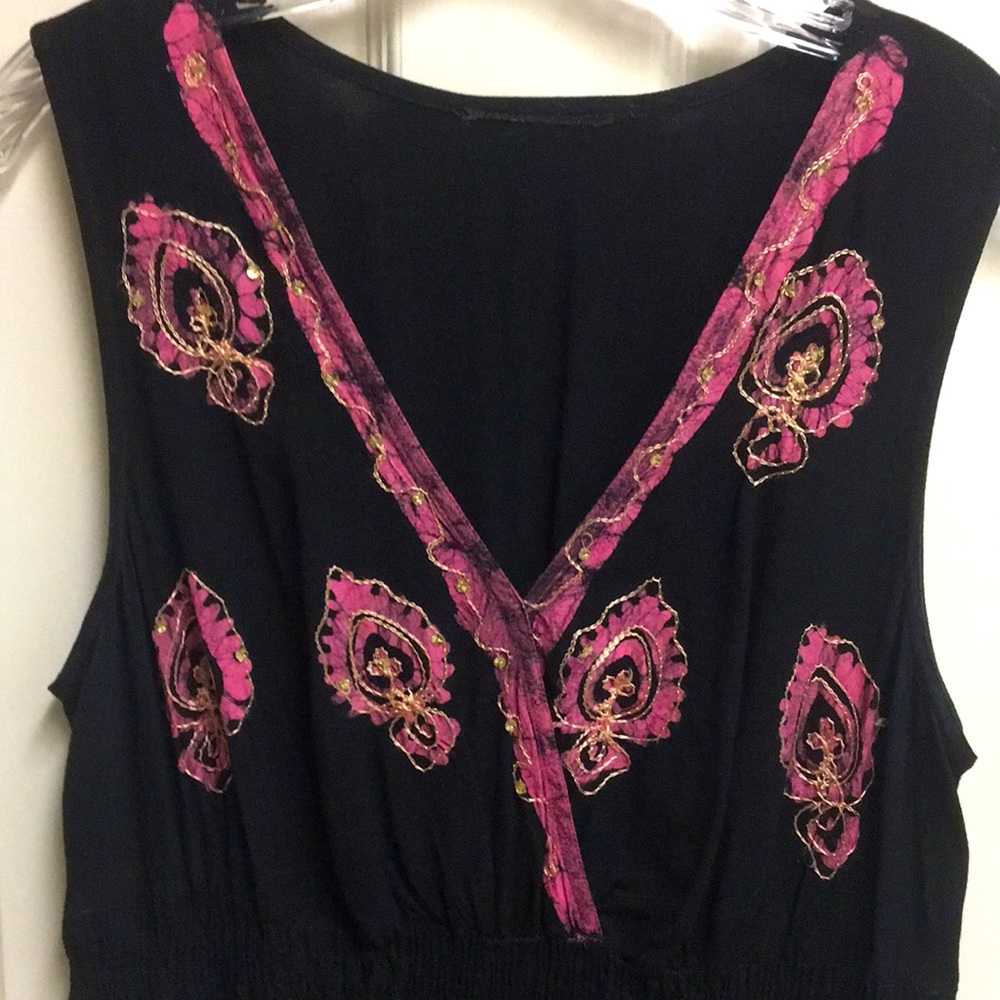Black & Hot Pink Embroidered V-Neck Women's Dress - Picture 2 of 10